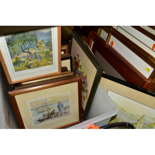 570 - TWO BOXES AND LOOSE PICTURES AND PRINTS, to include a Charles William Adderton print 'Port Madoc', E... 