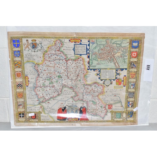 572 - A 17TH CENTURY MAP OF OXFORDSHIRE BY JOHN SPEED, titled 'Oxfordshire Described with ye Citie and the... 