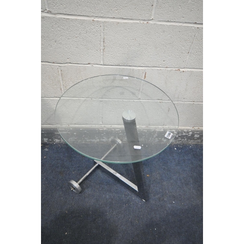 1316 - A CIRCULAR GLASS TOP SIDE TABLE, on a L shaped chrome base with wheels, diameter 51cm x height 59cm ... 