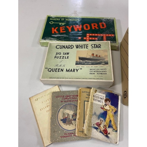 577 - A BOX OF VINTAGE TOYS, GAMES AND BOOKS, to include a boxed Cunard White Star Line RMS Queen Mary jig... 