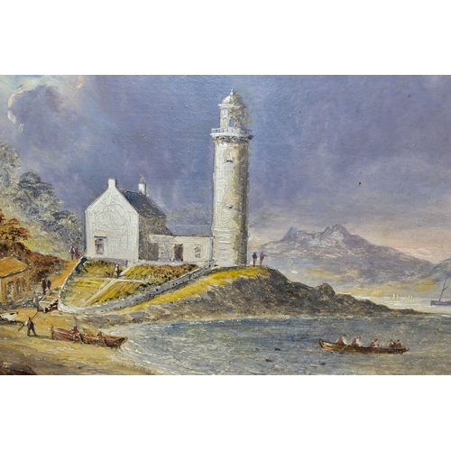 491 - W. CLARK AN EARLY 20TH CENTURY COASTAL LANDSCAPE, a lighthouse stands overlooking a bay with a rowin... 