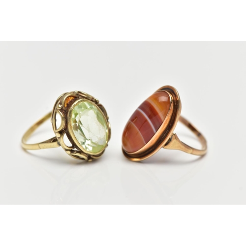 1 - TWO GEM SET RINGS, the first of an oval form, set with an oval cut light green synthetic spinel, mil... 