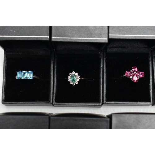 100 - ASSORTED GEM SET RINGS, twenty one colourful gem set dress rings all set in white and yellow metal, ... 