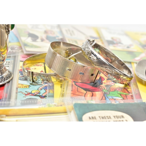 101 - SILVER BANGLES, A CUP, SMALL TRAY AND ASSORTED BANFORTH POSTCARDS, to include two silver hinged bang... 