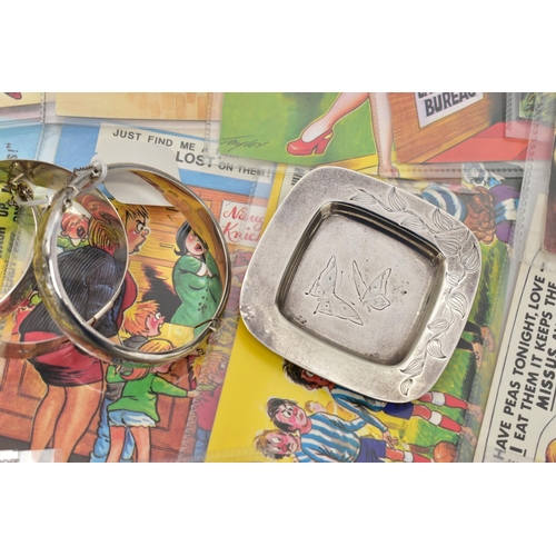 101 - SILVER BANGLES, A CUP, SMALL TRAY AND ASSORTED BANFORTH POSTCARDS, to include two silver hinged bang... 