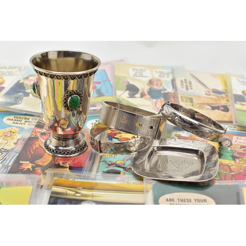 101 - SILVER BANGLES, A CUP, SMALL TRAY AND ASSORTED BANFORTH POSTCARDS, to include two silver hinged bang... 