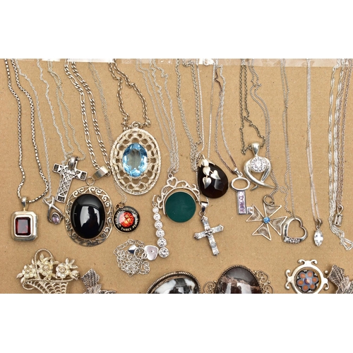 102 - ASSORTED SILVER AND WHITE METAL JEWELLERY, to include a microphone pendant set with colourless cubic... 