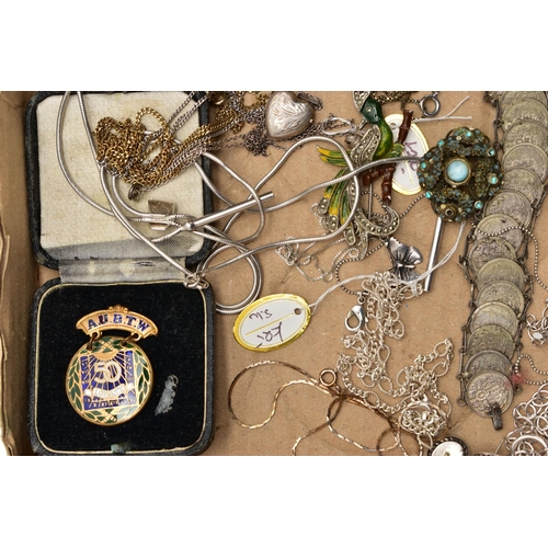 104 - A BOX OF ASSORTED WHITE METAL JEWELLERY AND COMEMMORATIVE COINS, to include various chains, pendants... 