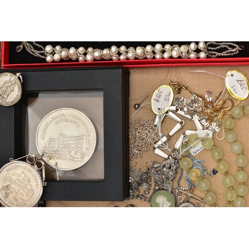 104 - A BOX OF ASSORTED WHITE METAL JEWELLERY AND COMEMMORATIVE COINS, to include various chains, pendants... 