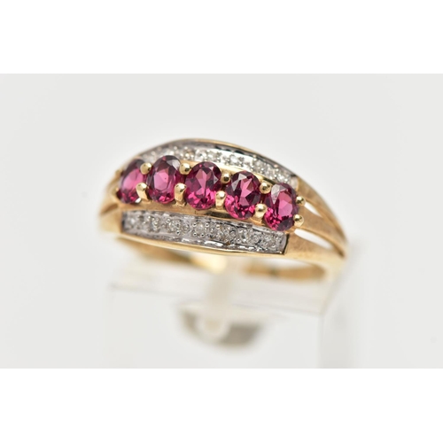 11 - A 9CT YELLOW GOLD TOURMALINE AND DIAMOND DRESS RING, set with five oval pink tourmalines, with singl... 