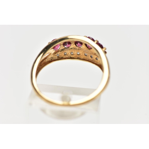 11 - A 9CT YELLOW GOLD TOURMALINE AND DIAMOND DRESS RING, set with five oval pink tourmalines, with singl... 