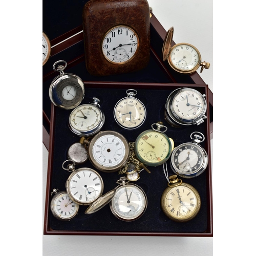110 - A WOODEN POCKET WATCH STORAGE BOX WITH POCKET WATCHES, the wooden box opens to reveal two storage sh... 