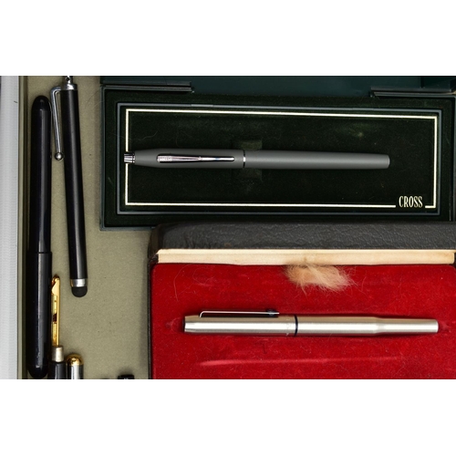 112 - A SELECTION OF FOUNTAIN PENS AND WRITING EQUPIMENT, to include a boxed 'Cross' fountain pen with ref... 