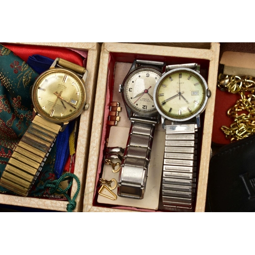 113 - A BOX OF ASSORTED ITEMS, to include three wristwatches, names to include 'Timex, Orfeus, Prestige', ... 