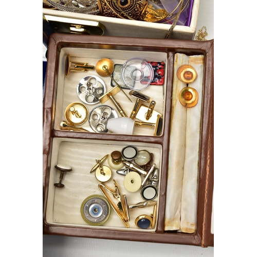 114 - A BOX OF ASSORTED ITEMS, to include an AF rolled gold articulated snake bracelet, a white metal cart... 