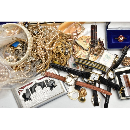 114 - A BOX OF ASSORTED ITEMS, to include an AF rolled gold articulated snake bracelet, a white metal cart... 