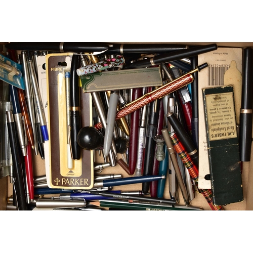 115 - A BOX OF ASSORTED PENS, a large selection of ball point pens, pencils and fountain pens, names to in... 