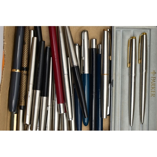 117 - A BOX OF ASSORTED PENS, a selection of ball point and fountain pens, names to include Parker, Sheaff... 