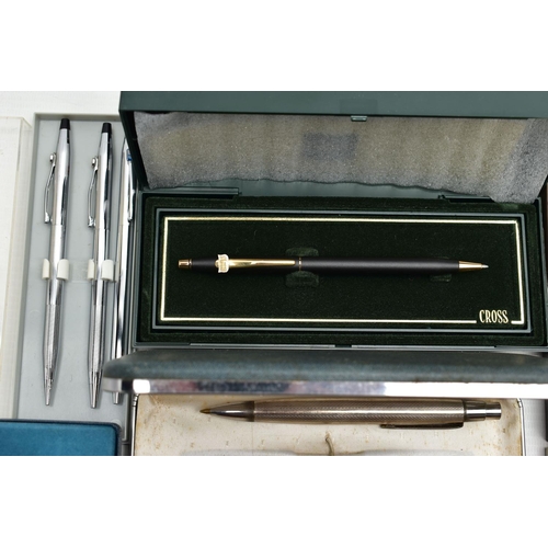 118 - A BOX OF ASSORTED 'CROSS' PENS, to include a silver ball point pen, hallmarked S&S London 2006, a wh... 