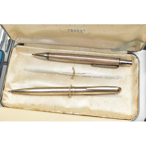 118 - A BOX OF ASSORTED 'CROSS' PENS, to include a silver ball point pen, hallmarked S&S London 2006, a wh... 