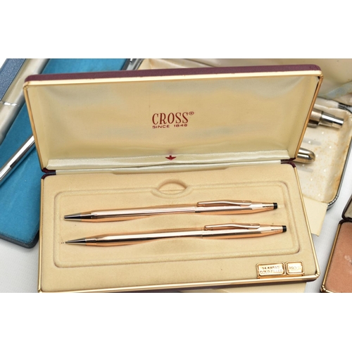 118 - A BOX OF ASSORTED 'CROSS' PENS, to include a silver ball point pen, hallmarked S&S London 2006, a wh... 