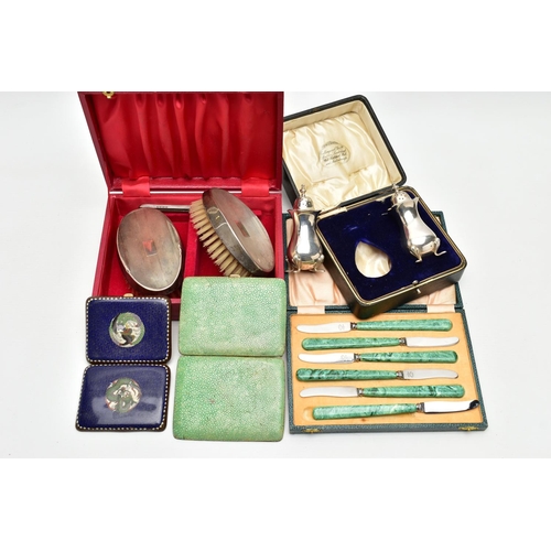 127 - ASSORTED SILVER AND WHITE METAL ITEMS, the first a pair of cased silver pepperettes, hallmarked 'Col... 