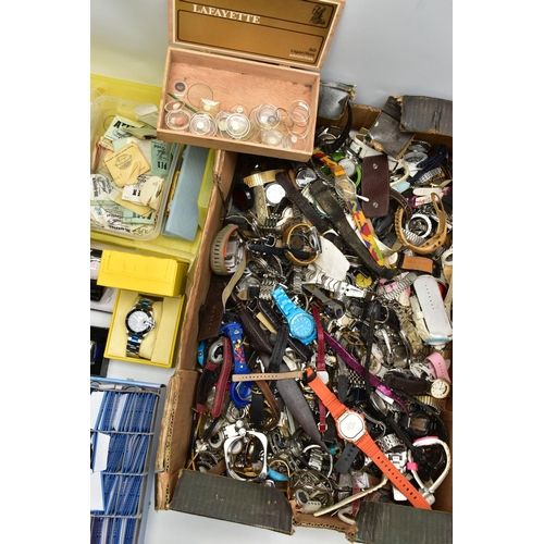 130 - A BOX OF ASSORTED LADIES AND GENTS FASHION WRISWATCHES, all in used and untested conditions, some fi... 