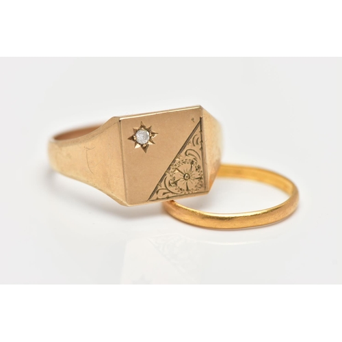 15 - A 9CT YELLOW GOLD SIGNET RING AND A THIN YELLOW METAL BAND, the signet of a square form, half decora... 