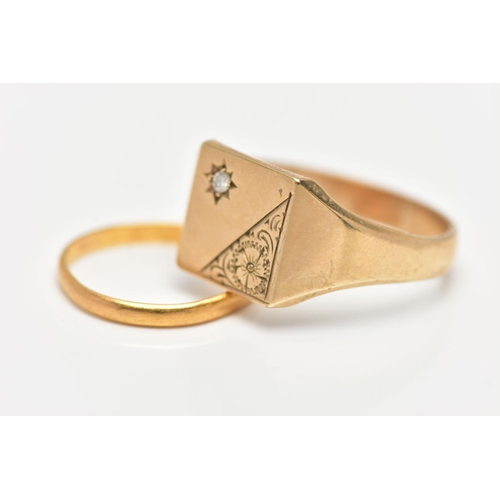 15 - A 9CT YELLOW GOLD SIGNET RING AND A THIN YELLOW METAL BAND, the signet of a square form, half decora... 