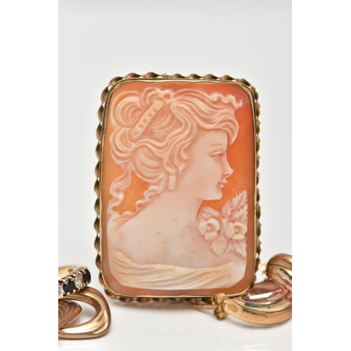 16 - A CAMEO BROOCH, TWO PAIRS OF EARRINGS AND A RING, the brooch of a rectangular form, set with a carve... 