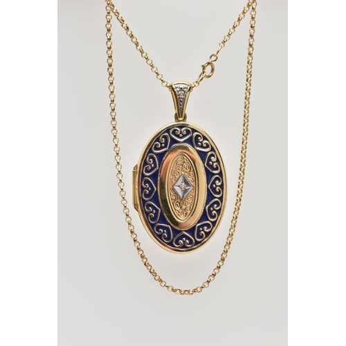 18 - A 14CT GOLD ENAMEL AND DIAMOND SET LOCKET PENDANT AND CHAIN, the locket of an oval form, decorated w... 