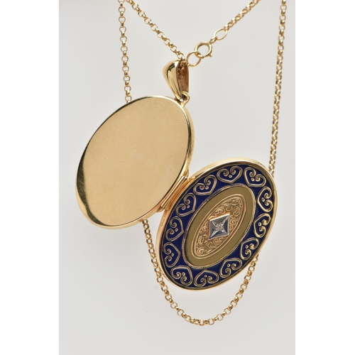 18 - A 14CT GOLD ENAMEL AND DIAMOND SET LOCKET PENDANT AND CHAIN, the locket of an oval form, decorated w... 