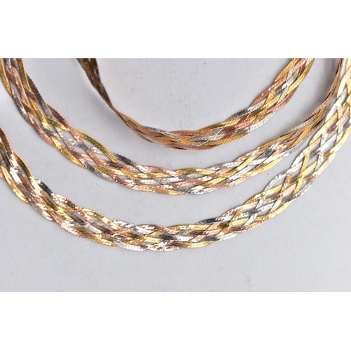 19 - A 9CT TRI-COLOUR CHAIN WITH MATCHING BRACELET, the chain of a tri-colour plaited design with yellow,... 