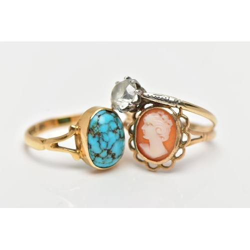 2 - THREE GEM SET RINGS, the first an 18ct yellow gold turquoise cabochon ring, bifurcated shoulders lea... 