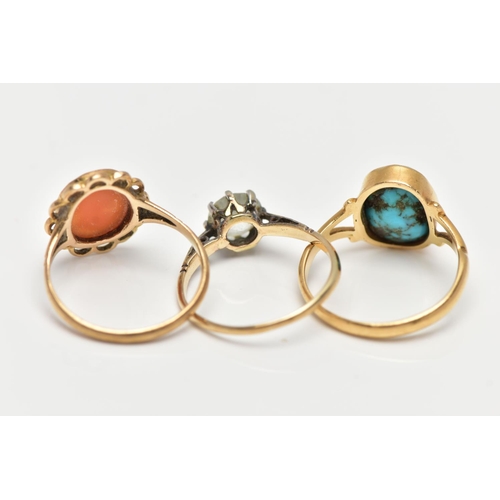 2 - THREE GEM SET RINGS, the first an 18ct yellow gold turquoise cabochon ring, bifurcated shoulders lea... 