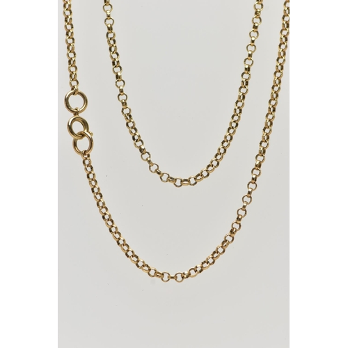 30 - A YELLOW METAL BELCHER CHAIN, a long fine belcher chain, fitted with a spring clasp, approximate len... 