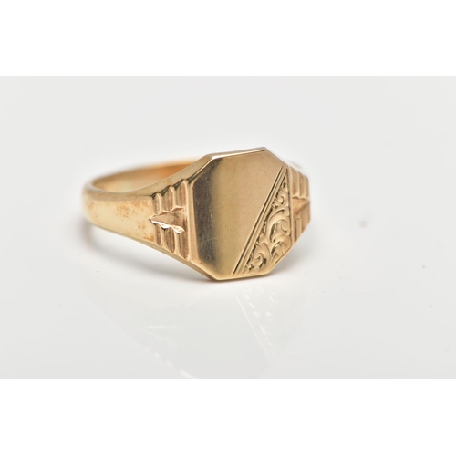 34 - A 9CT GOLD SIGNET RING, yellow gold signet ring, engraved with a scrolling design and textured shoul... 