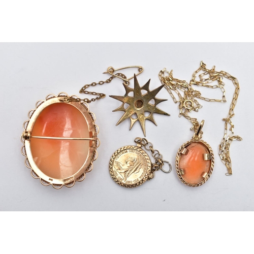 36 - A SELECTION OF 9CT GOLD AND YELLOW METAL JEWELLERY, to include a 9ct gold shell cameo pendant suspen... 