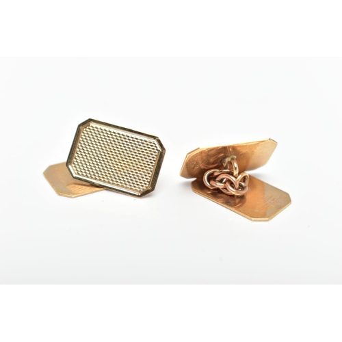 37 - A PAIR OF 9CT GOLD CUFFLINKS, rectangular form with terminated corners, engine turned pattern, chain... 