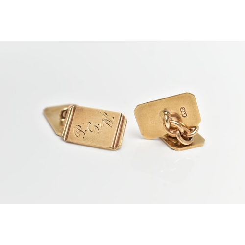 41 - A PAIR OF 9CT GOLD 'DEAKIN & FRANCIS' CUFFLINKS, rectangular form with terminated corners, engine tu... 