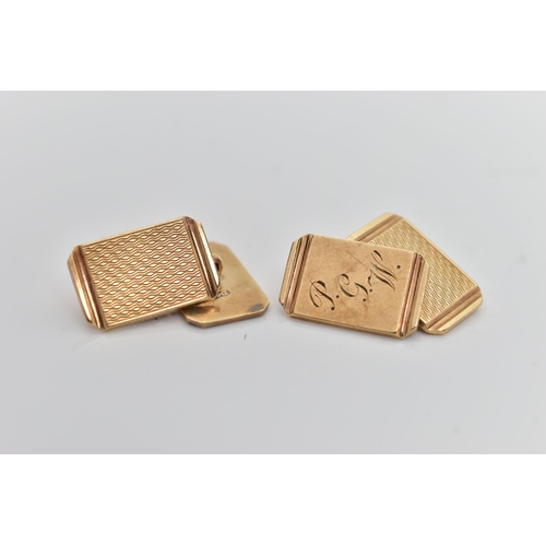 41 - A PAIR OF 9CT GOLD 'DEAKIN & FRANCIS' CUFFLINKS, rectangular form with terminated corners, engine tu... 