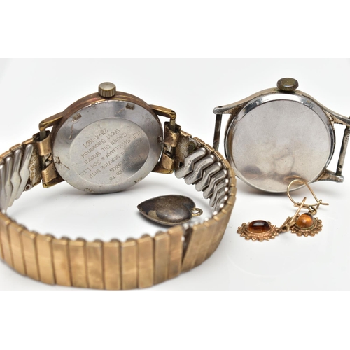 44 - A PAIR OF 9CT GOLD DROP EARRINGS, A TISSOT WRISTWATCH AND A SMITHS WATCH HEAD, the drop earrings, of... 
