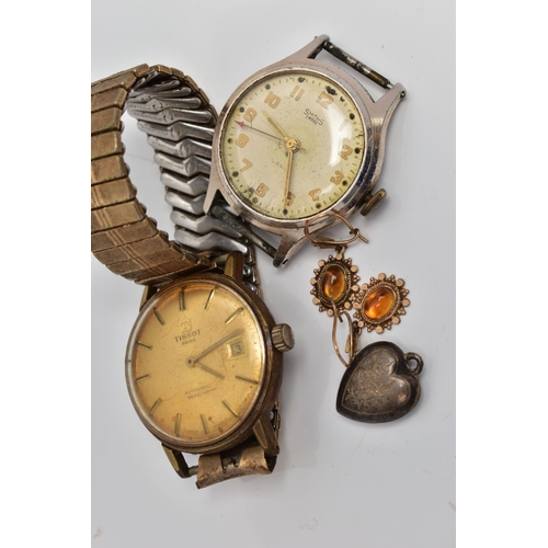 44 - A PAIR OF 9CT GOLD DROP EARRINGS, A TISSOT WRISTWATCH AND A SMITHS WATCH HEAD, the drop earrings, of... 