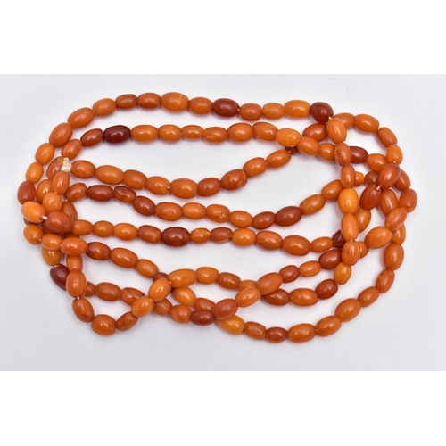 47 - A NATURAL AMBER BEAD NECKLACE, one hundred and forty three amber beads, oval form, slightly varying ... 