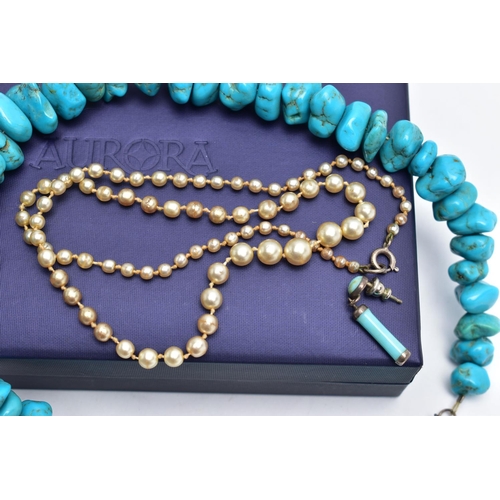 50 - A TURQUOISE NECKLACE AND EARRINGS, a single strand of polished turquoise stones, fitted with a sprin... 