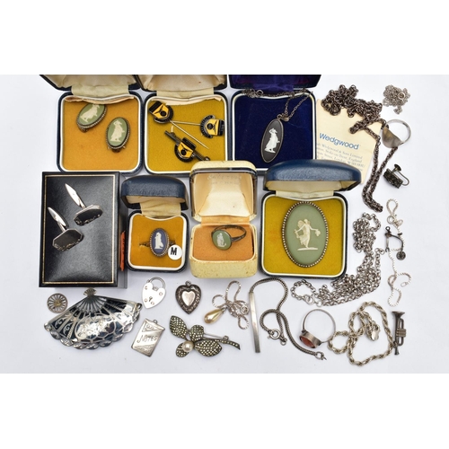 55 - A SELECTION OF WEDGEWOOD AND WHITE METAL JEWELLERY, to include five Wedgewood items, to inlude a bro... 