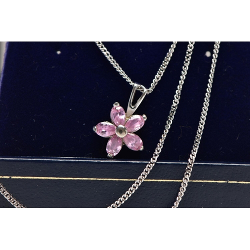 66 - A 9CT WHITE GOLD CUBIC ZIRCONIA PENDANT NECKLACE WITH MATCHING EARRINGS, AND A PAIR OF BI-COLOUR EAR... 