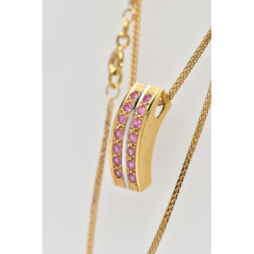 68 - AN 18CT YELLOW GOLD PENDANT NECKLACE, the pendant of a curved rectangular form, set with two rows of... 