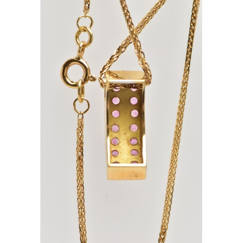 68 - AN 18CT YELLOW GOLD PENDANT NECKLACE, the pendant of a curved rectangular form, set with two rows of... 