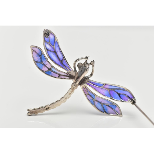 7 - A WHITE METAL PLIQUE A JOUR BROOCH, in the form of a dragonfly, the body set with marcasite, decorat... 